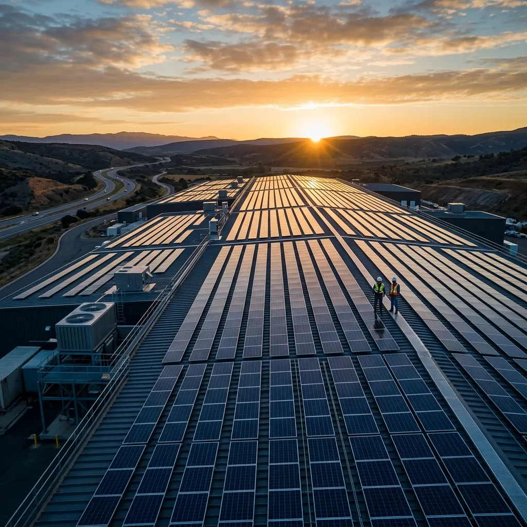 Instalație fotovoltaică industrială StratoSpark cu panouri solare pe acoperiș hală de producție